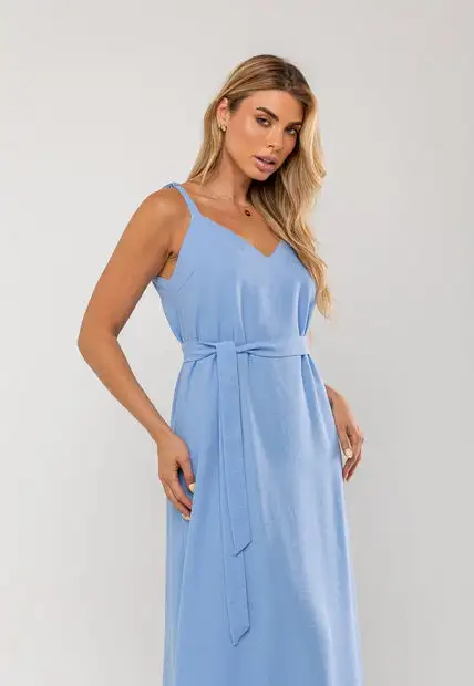 Vestido Longo Com Faixa Na Cintura Azul Salvatore