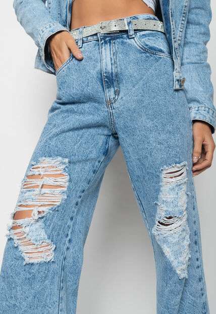 Calça Wide Leg Jeans Destroyed Salvatore Fashion