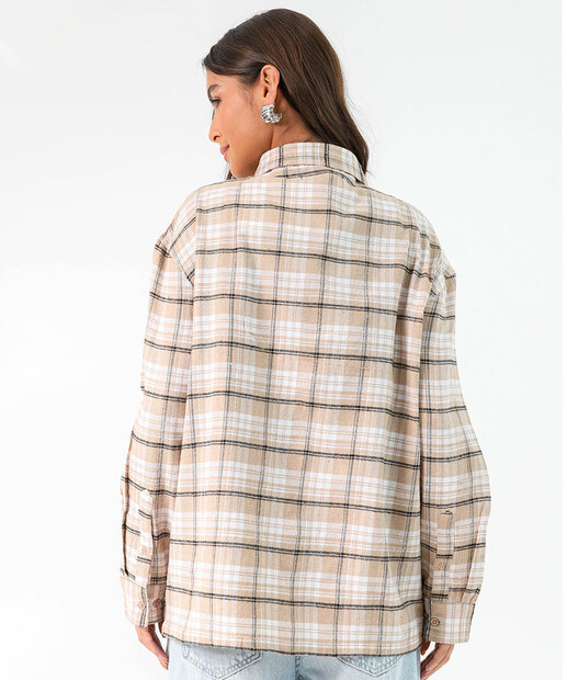 Camisa Feminina Xadrez Manga Longa Marisa Bege
