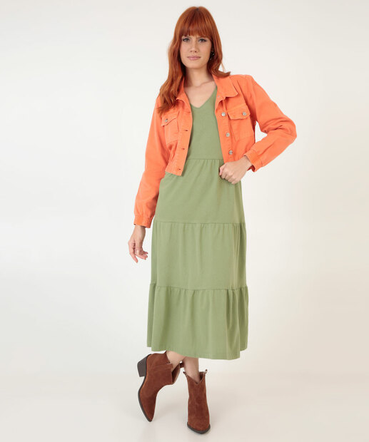 Vestido Midi Feminino Babado Manga Curta Marisa