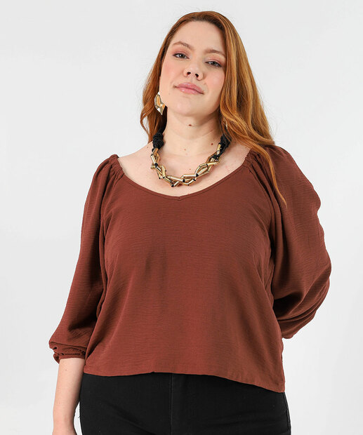 Image_Blusa Plus Size Feminina Manga Princesa 7/8 Marisa Marrom