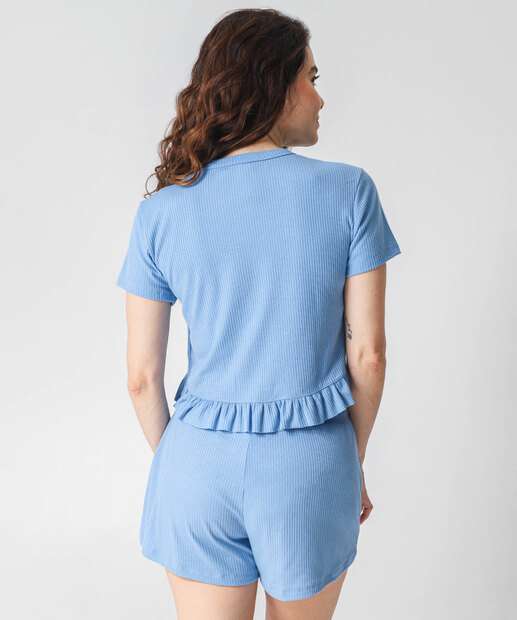 Pijama Feminino Canelado Babado Marisa Azul