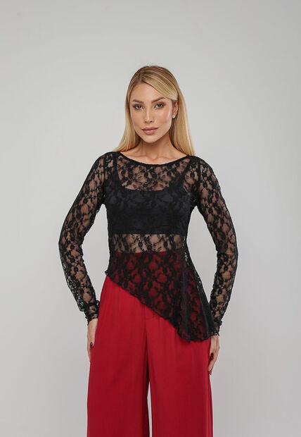 Image_Blusa De Renda Assim?trica Manga Longa Preto Salvatore