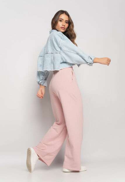 Calça Wide Leg Com Bolso Moletinho Rosa Salvatore