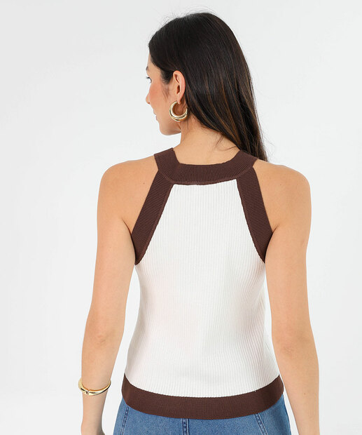 Blusa Regata Feminina Tricot Bicolor Marisa Off White