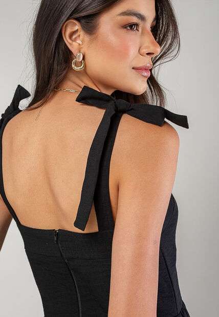 Vestido Alfaiataria Midi Com Alças Largas e Amarração Preto Salvatore