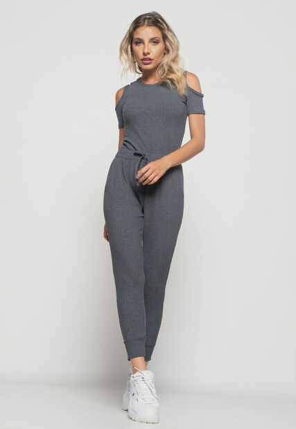Conjunto  Comfy Com Blusa Ombro Vazado e Jogger Canelada Grafite Salvatore Fashi