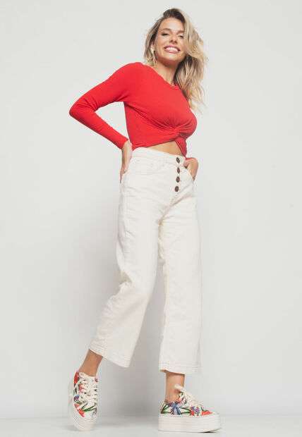 Cropped  Nó Manga Longa Canelada Vermelho Salvatore Fashion