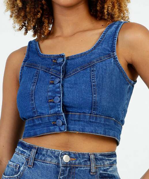 Blusa Cropped Feminina Jeans Botões Sem Manga 