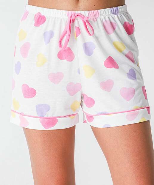 Pijama Americano Feminino Corações Marisa Off White