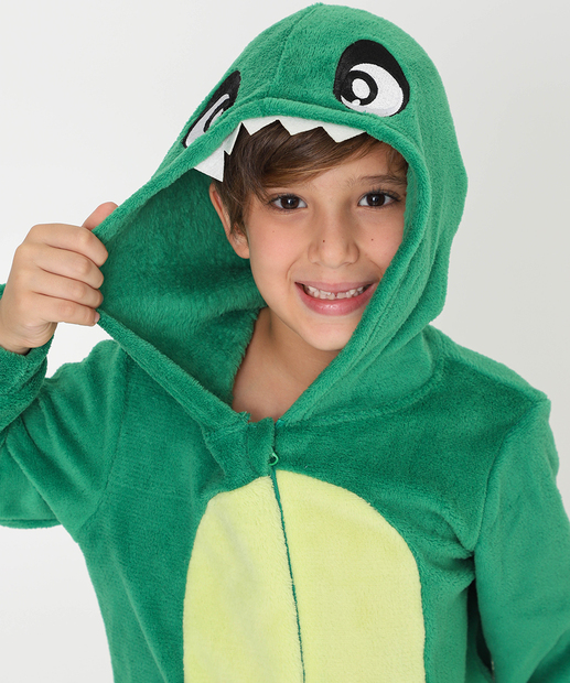Pijama Macacão Infantil Dinossauro Capuz Marisa Tam 04 ao 12 Verde