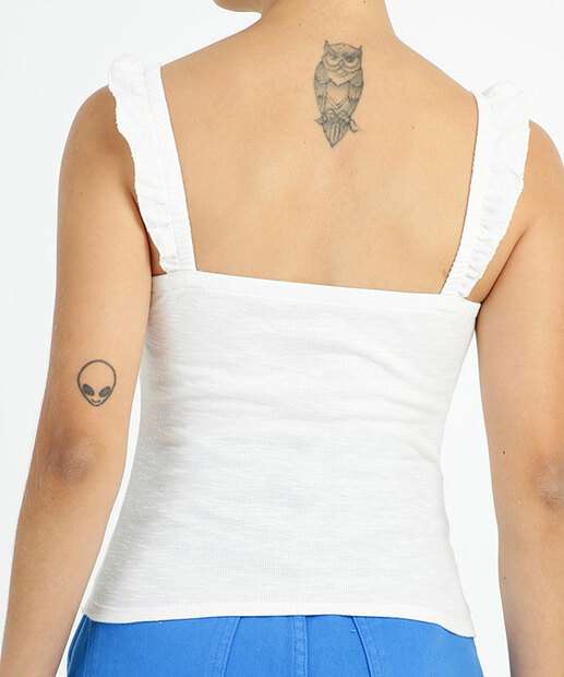 Blusa Regata Feminina Canelada Drapeada Alças Finas Babado 