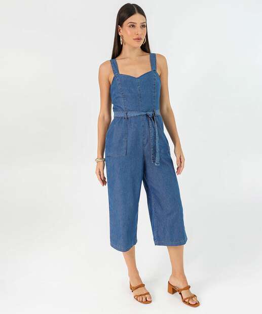 Macacão Feminino Jeans Bolso Alças Largas Marisa Azul