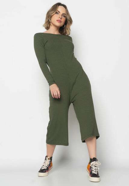 Macacão Manga Longa Pantacourt Canelado Verde Salvatore Fashion