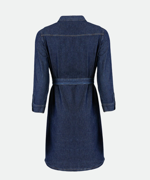 Vestido Jeans Feminino Chemise Bolsos Amarração 