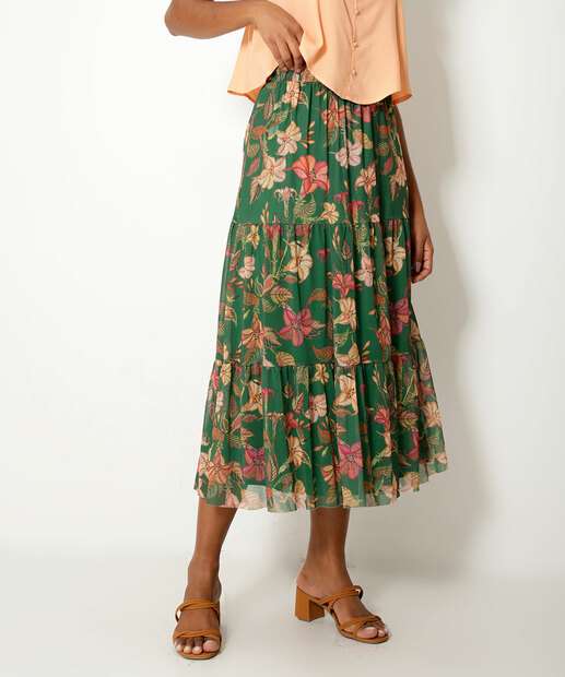Saia Midi Feminina Tule Estampa Floral Marisa