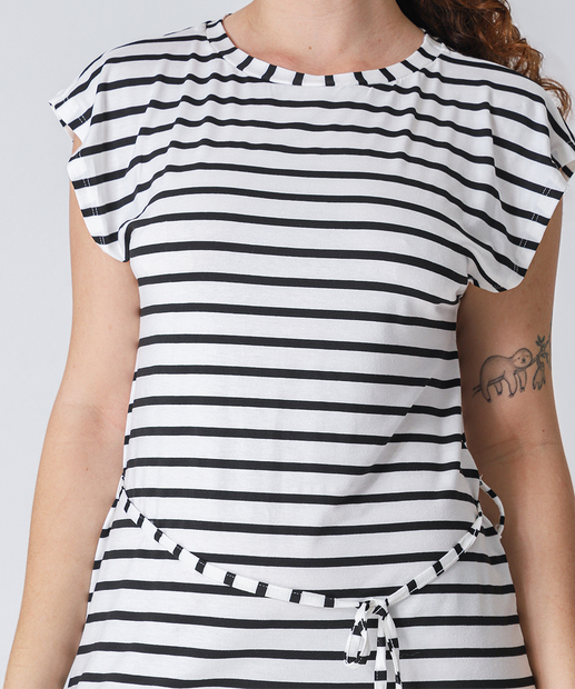 Vestido Midi Listrado Feminino com Amarração Marisa Branco