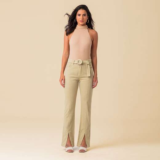 Calça Flare com Cinto Feminina Sarja Disparate