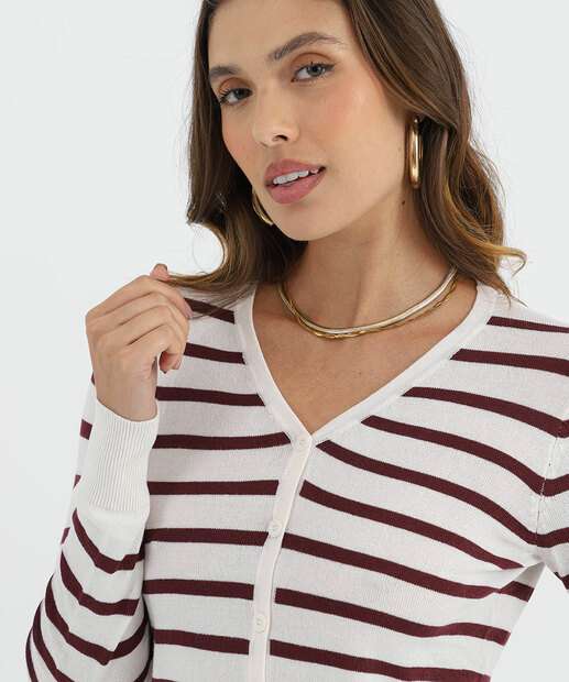 Cardigan Feminino Botões Listrado Marisa Branco