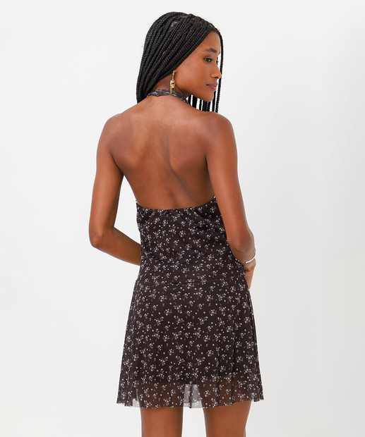 Vestido Curto Feminino Tule Flores Frente Única Marisa Marrom