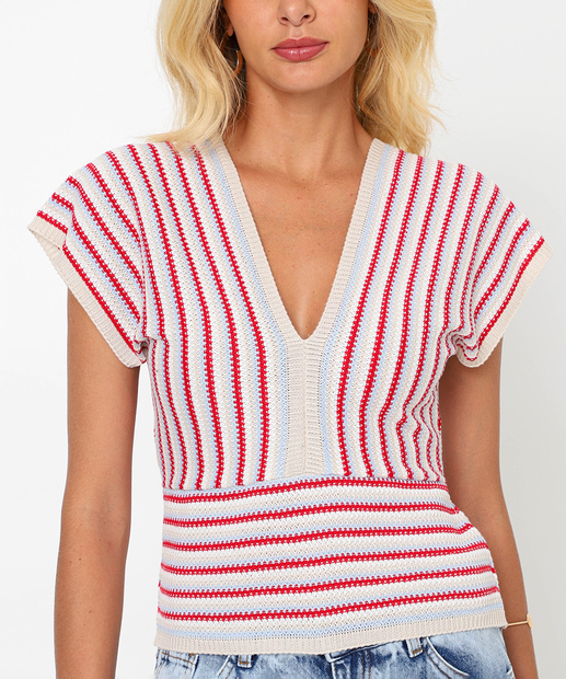 Blusa Feminina Tricô Listrada Manga Curta Marisa Vermelho