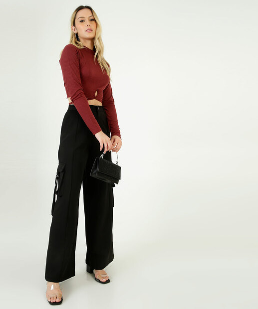 Calça Wide Leg Feminina Pantalona Cargo Marisa