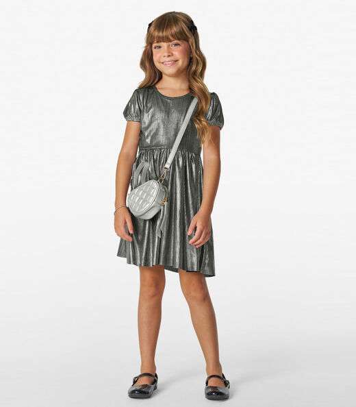 Vestido em Malha Plissada Shiny Trick Nick Cinza