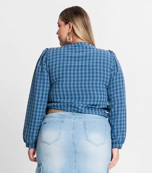 Blusa Plus Size Em Air Flow Xadrez Secret Glam Azul