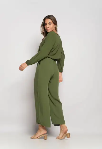 Blusa Gola V Manga Longa Viscolinho Verde Salvatore