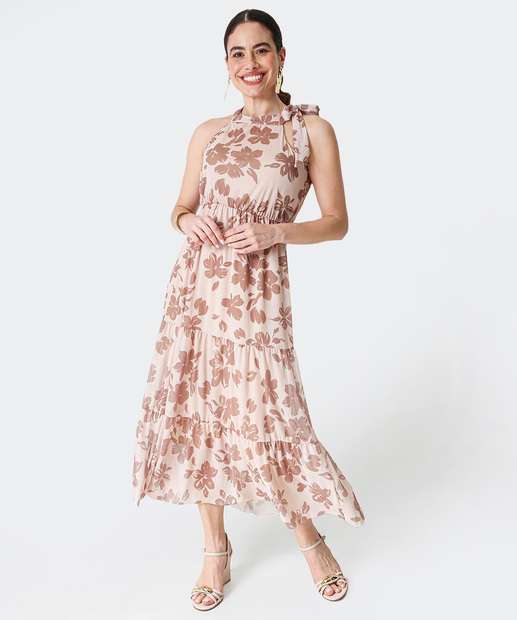 Image_Vestido Midi Feminino Halter Neck Floral Marisa Bege