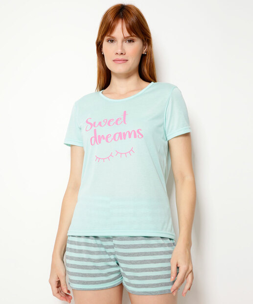 Pijama Feminino Listrado Frase Manga Curta Marisa