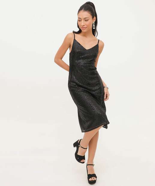 Vestido Feminino Paetês Alças Finas Marisa