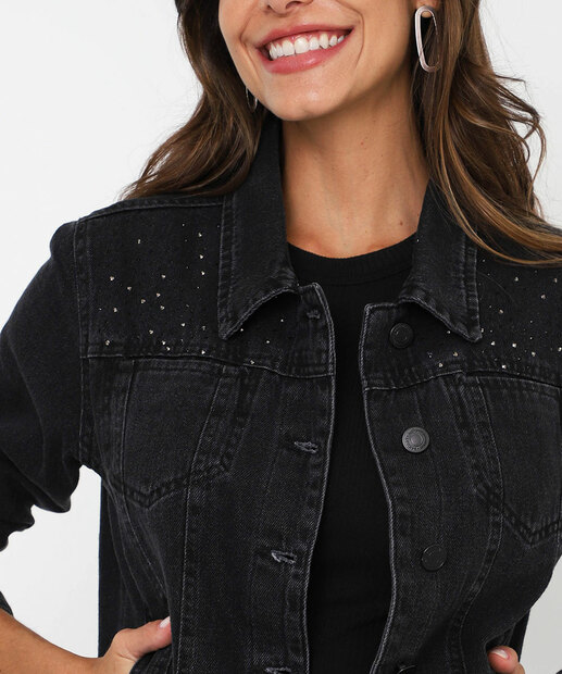 Jaqueta Feminina Jeans Strass Sawary Preta