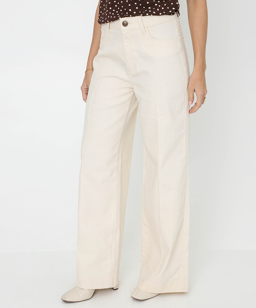 Calça Feminina Sarja Wide Leg Friso Marisa Bege