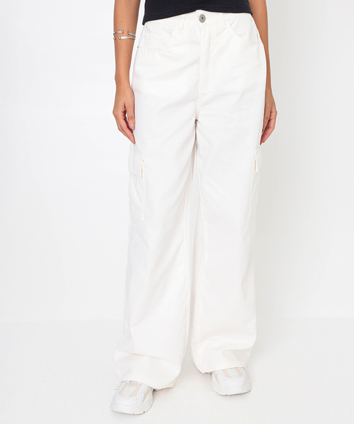 Calça Wide Leg Feminina Sarja Cargo 