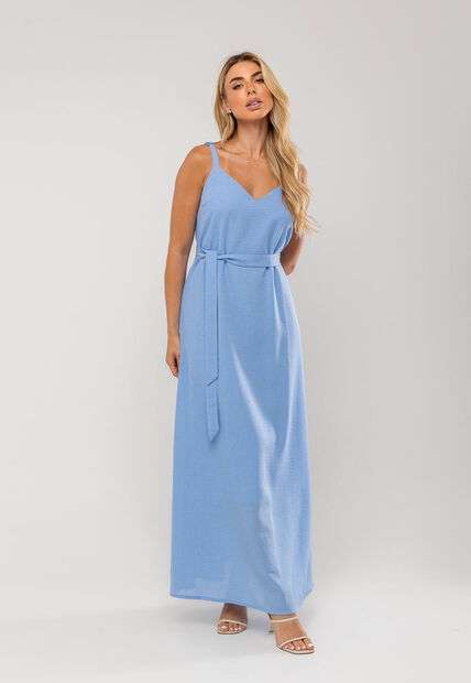 Vestido Longo Com Faixa Na Cintura Azul Salvatore