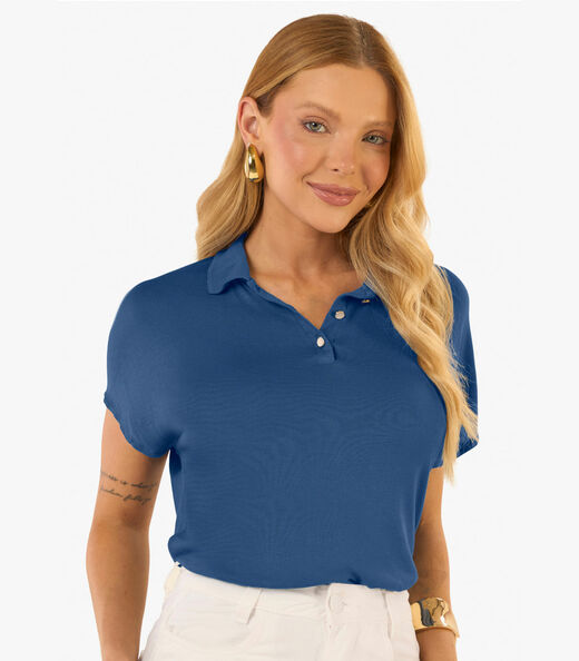 Blusa Feminina Visco Tricot Gola Polo Rovitex Azul