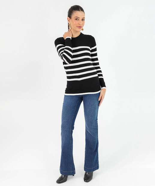 Suéter Feminino Tricô Listrado Pérolas Marisa Preto