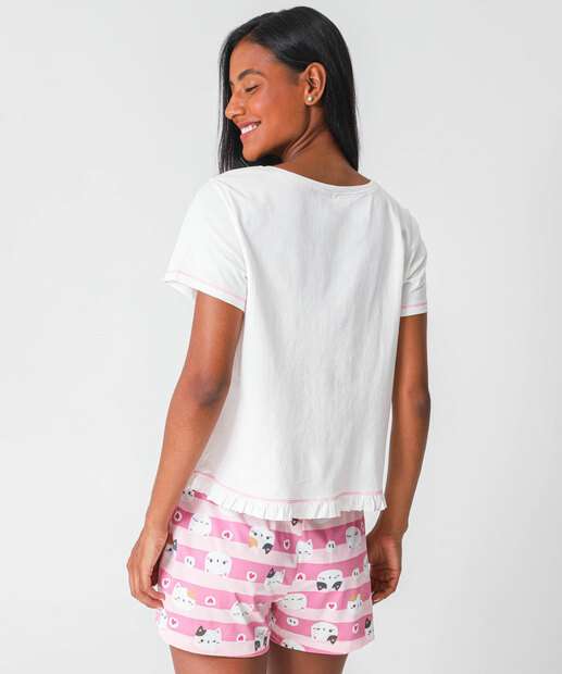 Pijama Feminino Babado Gato Marisa Off White