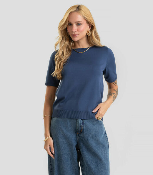 Image_Blusa Feminina Manga Curta Lisa Em Tricot Dianna Azul