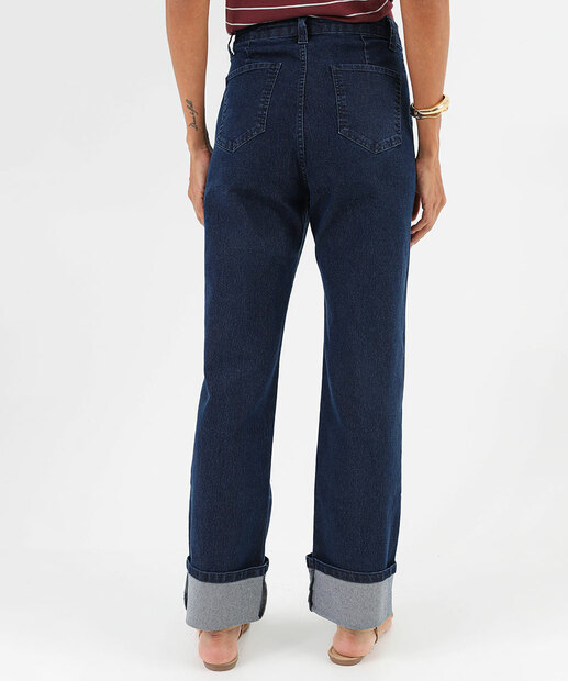 Calça Jeans Reta Feminina Barra Dobrada Marisa Azul 
