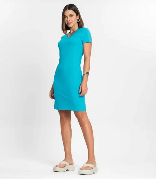 Vestido Feminino Em Ribana Canelada Rovitex Azul