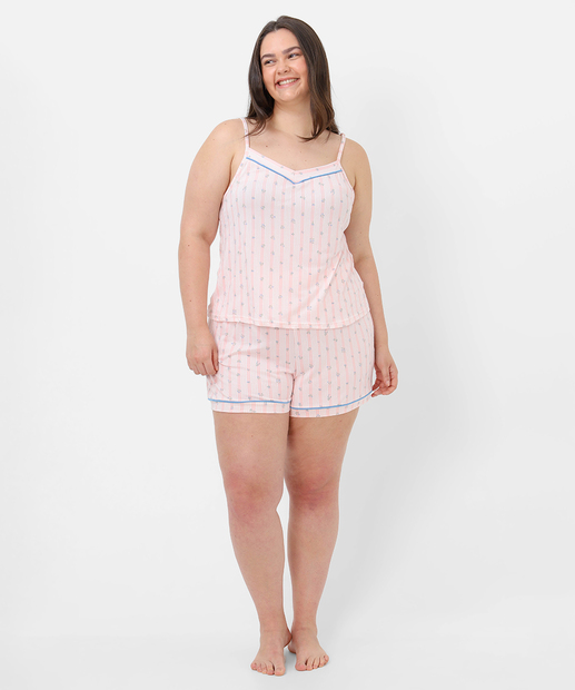 Pijama Plus Size Estampado Alças Finas Marisa Rosa