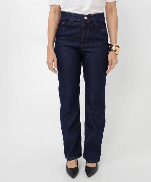 Calça Feminina Jeans Reta Amaciada Bolsos Azul
