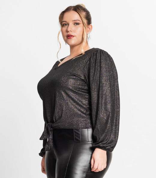 Blusa Manga Longa Em Ribana Canelada Secret Glam Preto
