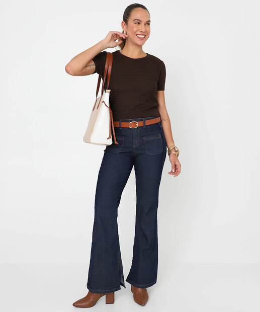 Blusa Feminina Tricô Manga Curta Marisa Marrom