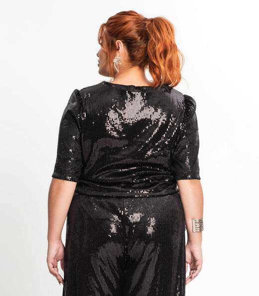 Blusa Feminina Plus Size Em Paetê Secret Glam Preto