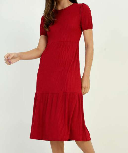 Vestido Midi Feminino Canelado Manga Curta Bufante Marisa
