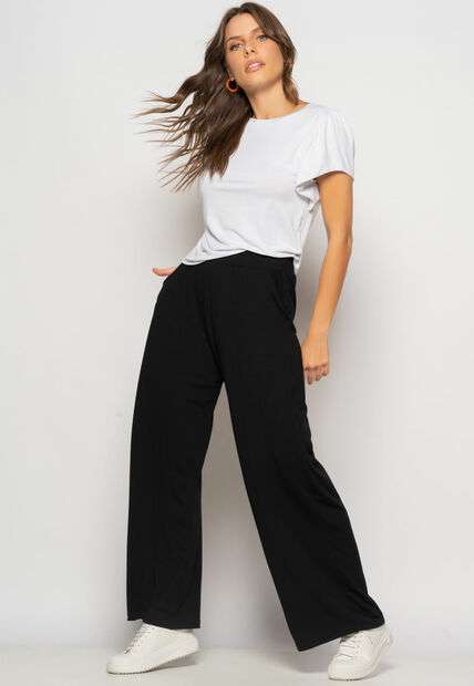 Calça Wide Leg Com Bolso Malha Preto Salvatore Fashion