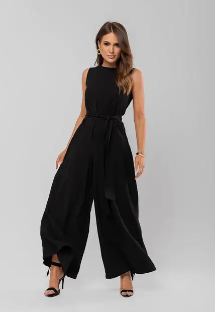 Macacão Regata Feminino Alfaiataria Pantalona Preto Salvatore Fashion